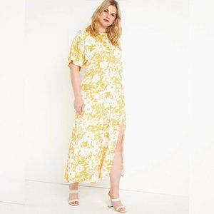 ELOQUII Floral Print Dolman Sleeve Maxi Dress Slit Leg Yellow White 24